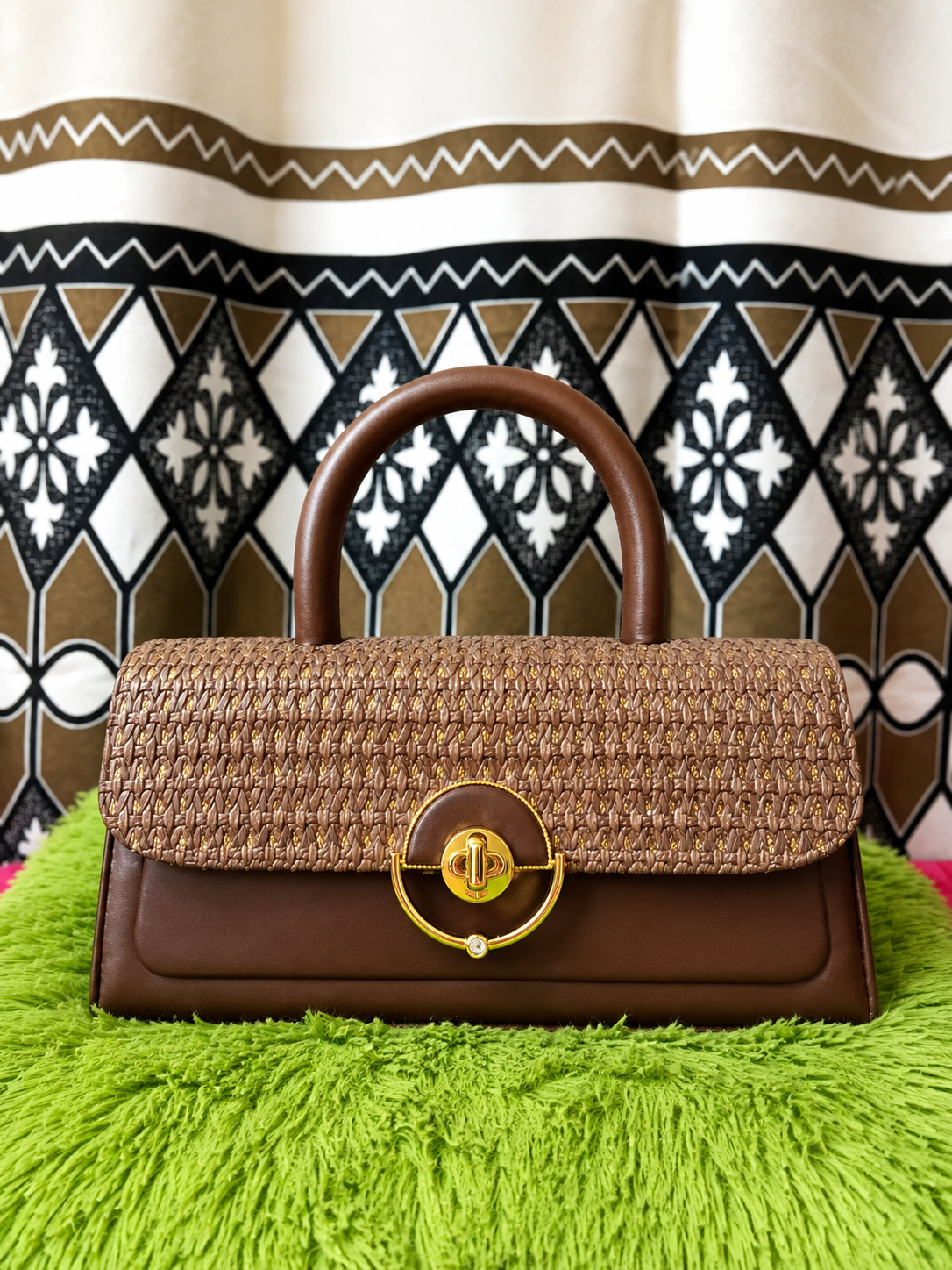 Vintage Woven Top Handle Handbag – Coffee Brown
