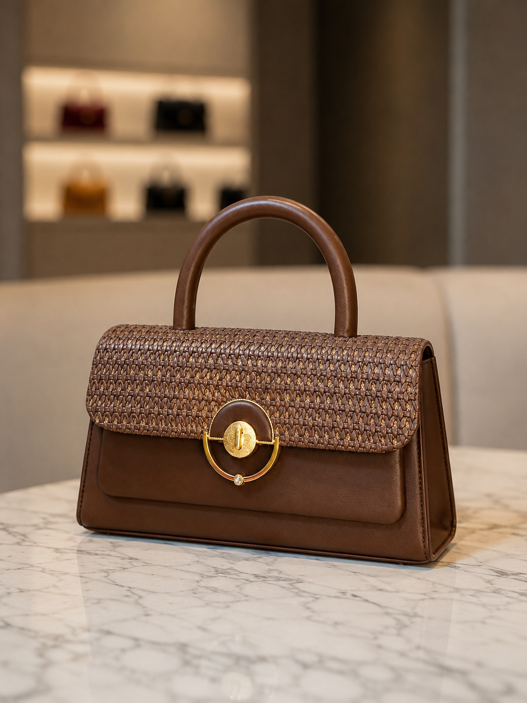 Vintage Woven Top Handle Handbag – Coffee Brown